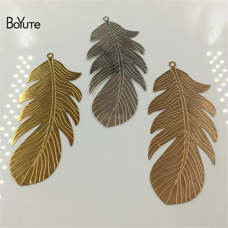 BoYuTe 10Pcs 8738MM Big Feather Metal Sheet Diy Silver Gold Feather Pendant Charms for Jewelry Making (1)