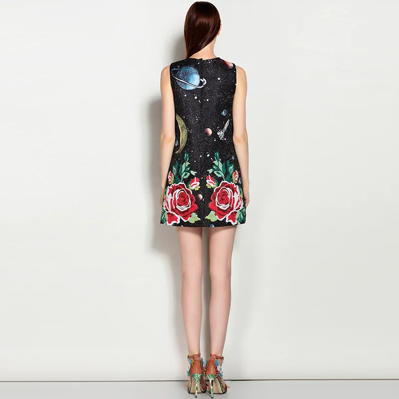 2018 Summer Newest O-Neck Sleeveless Rose Embroidery Star Print Diamonds Above Knee Fashion Loose A-Line Tank Dress Women 2018 Summer Newest O-Neck Sleeveless Rose Embroidery Star Print Diamonds Above Knee Fashion Loose A-Line Tank Dress Women