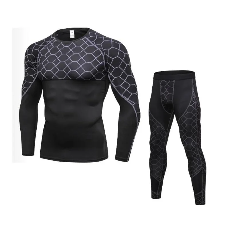 

For Men's Long Sleeve Training T-shirts Grid Men Light Breathable Flexbile Fitness Exercise Set Fast Dry Running Top Pant Set