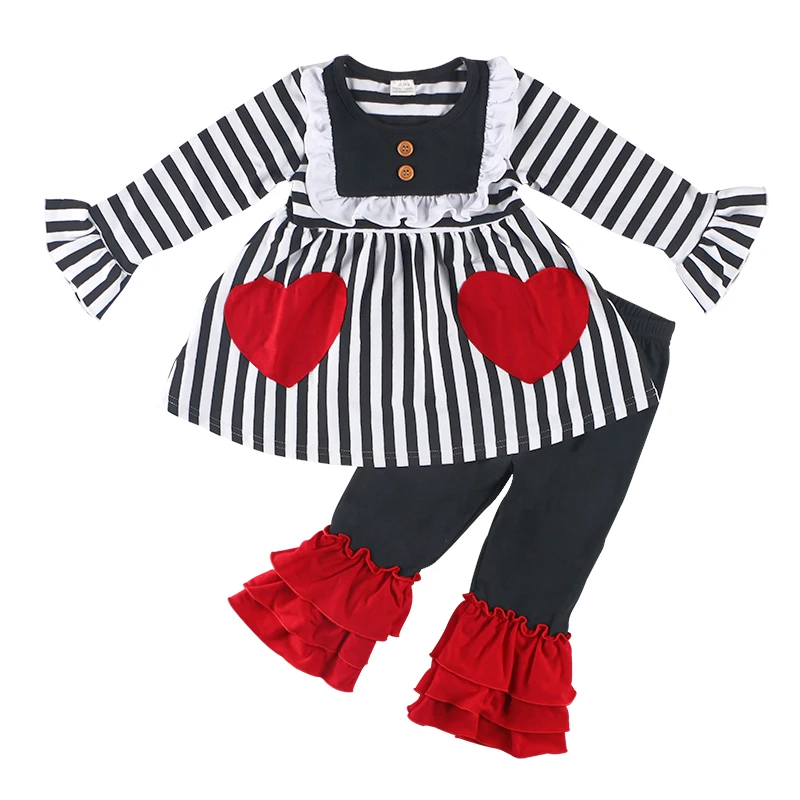 US $74.77 Kaiya Angel Valentines Day 2pcs For Kids Striped Top With Heart PocketsRed Ruffle Pants Children Girls Autumn Winter Outfits