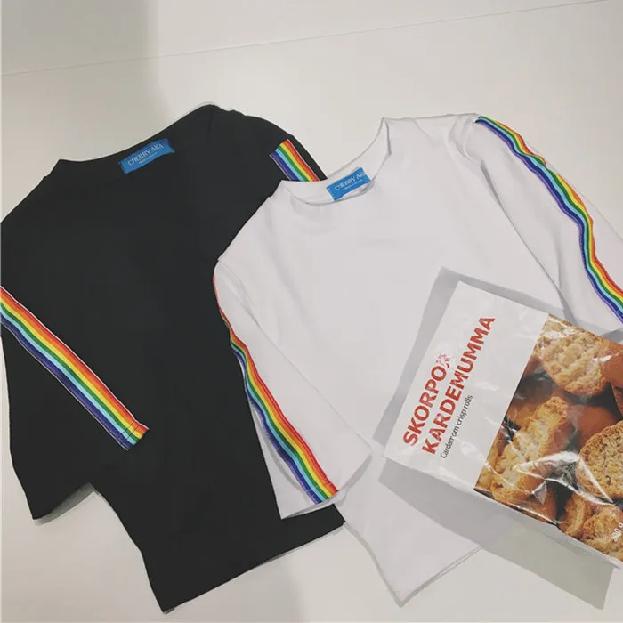 

2019 Summer Tee Shirt Korean Ulzzang Harajuku Rainbow Striped Short Style Short-sleeved T-shirt Women Casual White T-shirt Tops