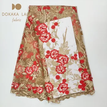 

New Fashion Red Color Stone African Lace Fabric Flower Embroidered Design Tulle With Beaded 2019 High Quality Net Wedding Laces