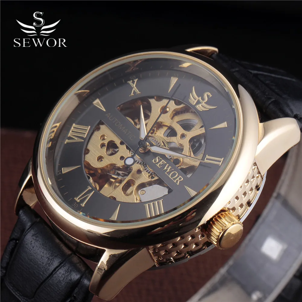 

SEWOR Skeleton Mechanical Watch Original Leather Relogio Masculinos Gold Clock Men Luxury Brand Mens Automatic Wristwatches Gift