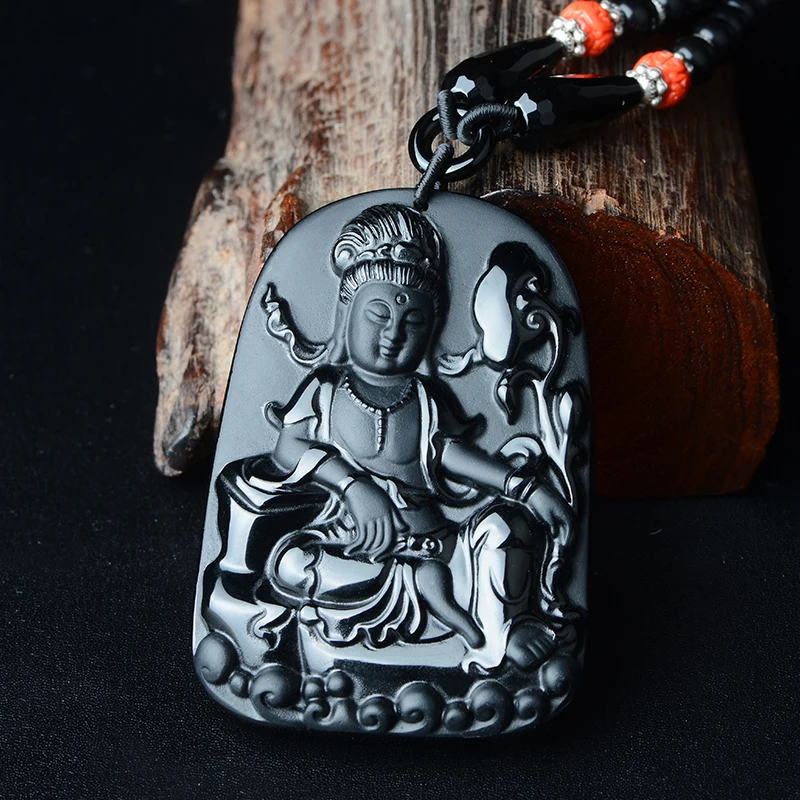 

PUHOLY/ belwide jewelry Wujin natural Obsidian Guanyin Pendant Necklace Avalokiteshvara barefoot