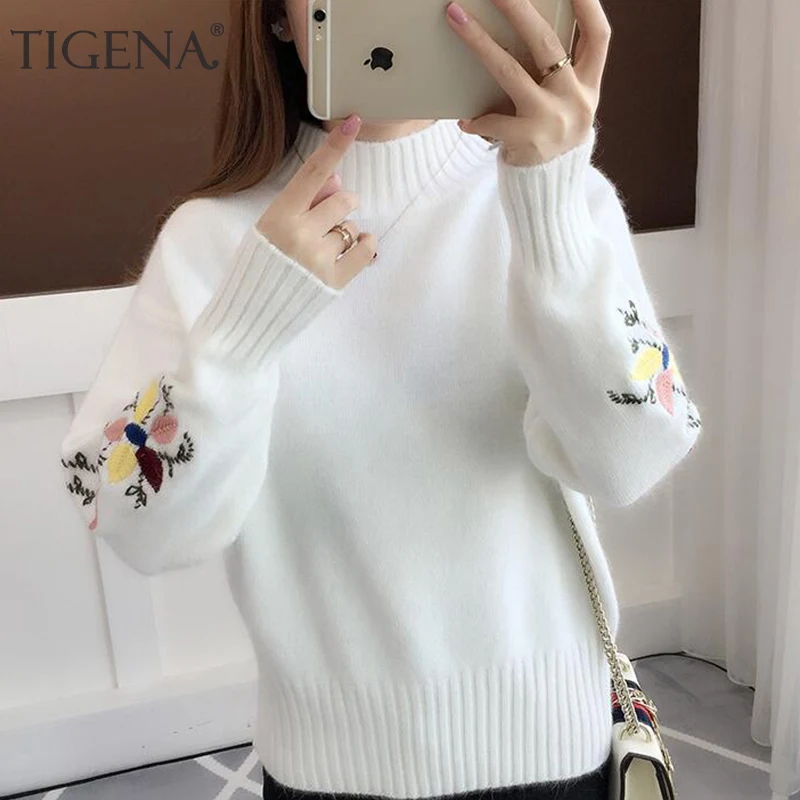 TIGENA Embroidery Turtleneck Sweater Women 2019 Winter Thick Warm Knit Sweaters and Pullovers Female Long Sleeve Jumper Ladies | Женская