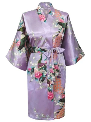 Женское Новое поступление халат китайский стиль кимоно окрашенный кафтан халат платье с поясом Павлин много цветов пижамы Халаты - Цвет: baby purple