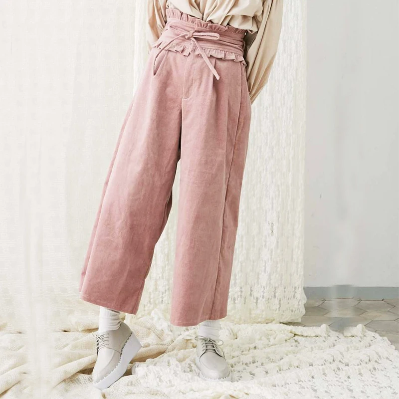 

2018 Autumn Winter New Women's Wide Leg Pants Corduroy Trouser High Waist Sashes Ruffles Femme Loose Ankle Length Pant Capris