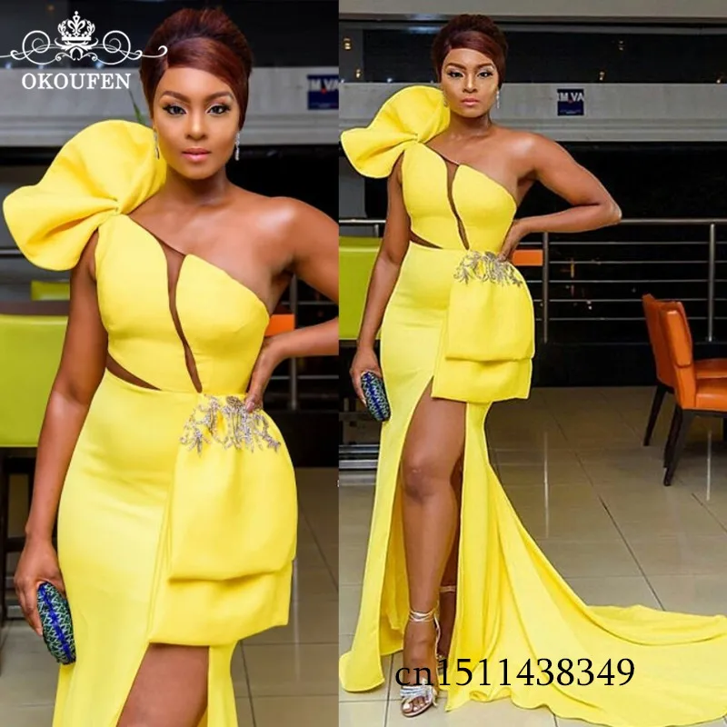 

Newest Yellow Stretchy Satin Mermaid Prom Dresses 2019 One Shoulder Side Split Long Court Train Evening Dress Formal For Women