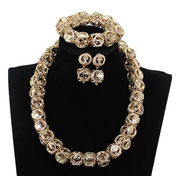 

New Design Dice Shape Gold Beads Necklace Set Nigerian Bride Wedding Jewelry Set African Gold/Silver Beads Jewelry Bulk P84-2