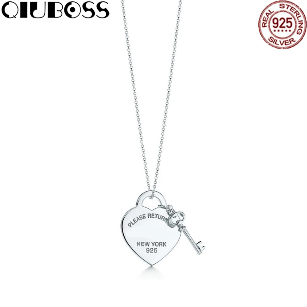 

QIUBOSS TIFF Heart Shape Key Lock Pendant Necklace in Sterling Silver key Clavicle Necklace Gifts Accessories