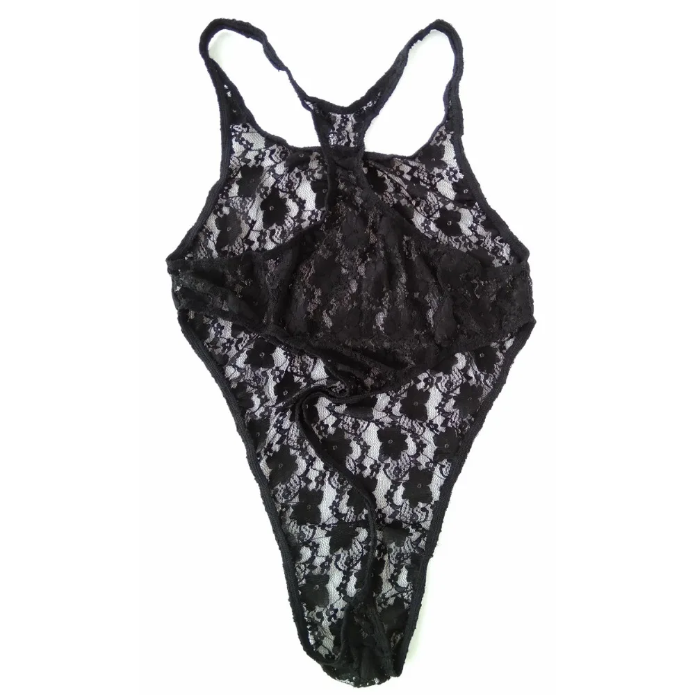 

Mens bodysuit underwear lace sexy transparent frog racer neck thong leotard