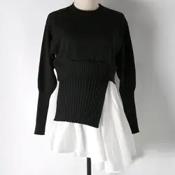 Весеннее платье новый трикотажные нерегулярные рубашка Черный и белый цвета совместных Фальшивое Болеро свитер с длинными рукавами