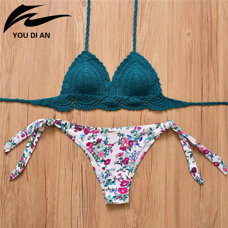 sexy Handmade Crochet Bikini Set Push Up Swimwear Bordered Halter Swimwear Floral Print Beach Bathing Suit thong mujer 2018