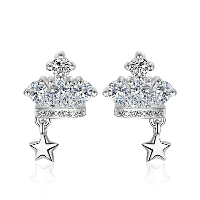 

Promotion 925 sterling silver fashion shiny crystal crown female gift lady stud earrings jewelry wholesale drop shipping no fade