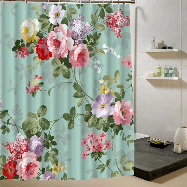 Stof Groen Douchegordijn Machine Wasbaar Roze Bloemen Patroon Badkamer