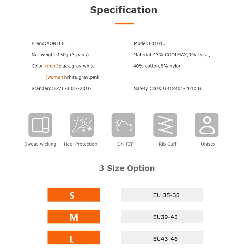 3 пары, AONIJI E4101, для спорта на открытом воздухе, для бега, для занятий спортом, с вкладкой, для тренировок, на подушке, для шоу, Компрессионные носки для прогулок, Dri-FIT