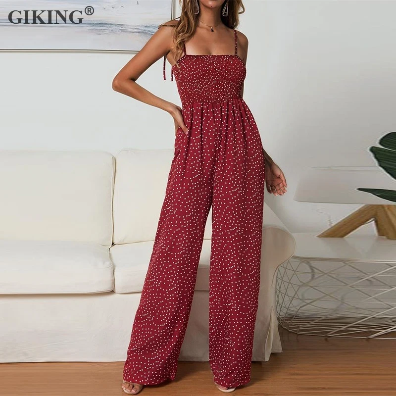 

GIKING Polka Dot Print Summer Jumpsuits Women Backless Loose Pants Spaghetti Strap Playsuit Female Holiday Office Lady Rompers