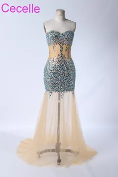 

Nude Blue Mermaid Long Prom Dresses 2019 Sweetheart Rhinestones Sheer Illusion Waist Tulle Skirt Teens Formal Sparkly Prom Gowns