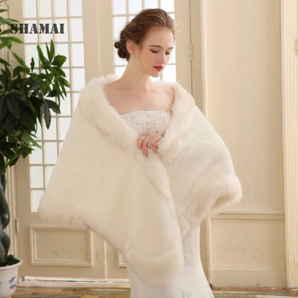 SHAMAI, стиль, женская зимняя Длинная свадебная шаль, свадебная накидка, теплая, искусственный мех, свадебная накидка, болеро, свадебная шаль, вечерняя накидка для вечеринки