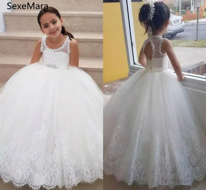 Милое белое кружевное бальное платье, платья с цветочным узором для маленьких принцесс, вечерние праздничное платье, платья для первого причастия, Size2-14Y