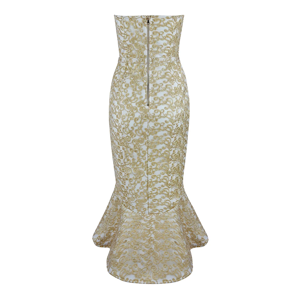 Роскошное Золотое кружевное длинное женское платье-русалка, сексуальное облегающее платье без бретелек, новинка, подиумное платье