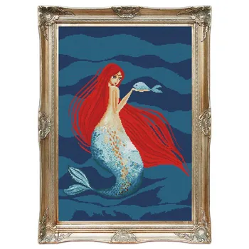 

Red-haired mermaid Cross Stitch Kits Printed patterns canvas Chinese Embroidery Needlework set Big Cross-stitch DIY Painting