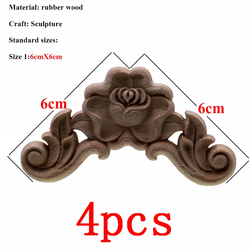 VZLX 4 шт./лот, деревянная аппликация, Неокрашенная древесина, резная угловая окантовка, рамка для домашней мебели, стены, двери шкафа, Декор, ремесла, современные - Цвет: 6cmX6cm