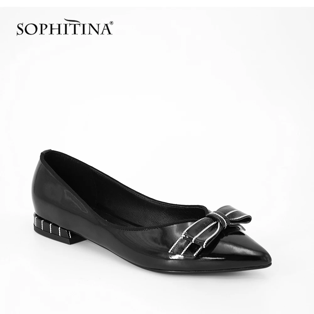 

SOPHITINA Handmade Butterfly-knot Flats Black Cow patent Leather Elegant Pointed Toe Flats Gingham Heels Party Lady Shoes P47