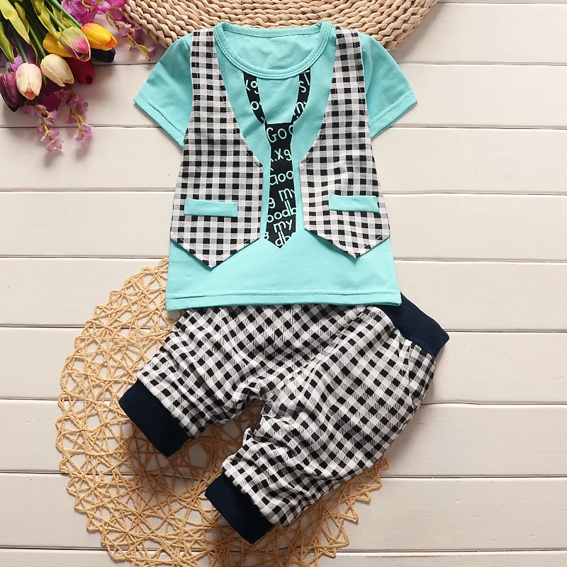 

BibiCola boys summer clothes sets Short Sleeve shirt shorts Cotton suit kids Little Boy Plaid Gentleman Vest Cotton Knit T-Shirt