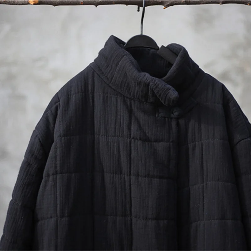 Johnature 2018 Autumn Winter Solid Color Women Parkas Coats New Loose Stand Collar Vintage Cotton Linen Long Section Coats