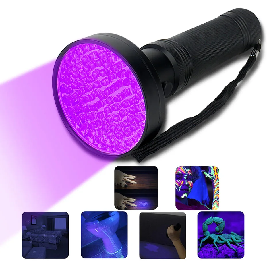 

UV Flashlight Black Light 100 LEDs Ultraviolet Blacklight Detector for Dog Urine Pet Stains and Bed Bug Use 6*AA Battery