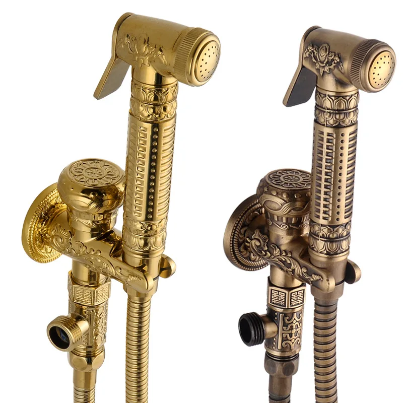 

Antique Brass Handheld Bidet Spray Shower Set Wall Mounted Carved Bathroom Shower Toilet Washing Machine With Holder Hose