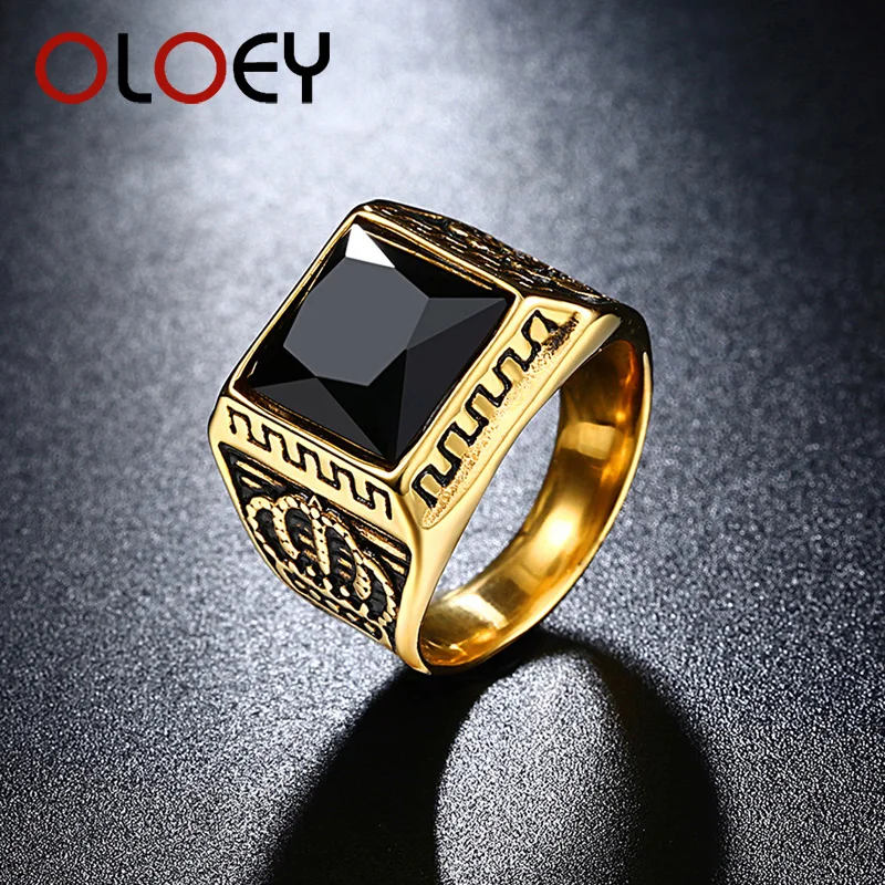 Classic Retro Rings for Men Black/Red Square Stone Titanium Steel Signet Ring Mens Gold-Color Crowm Stainless Steel Wedding Band