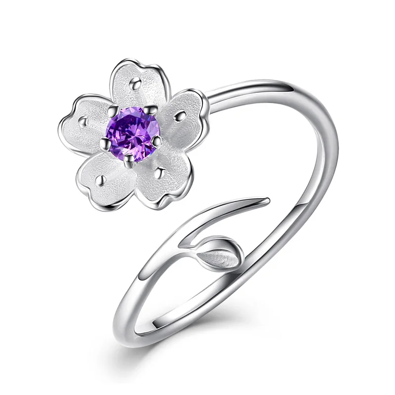 1PC Hot Pink Purple Cherry Blossoms Crystal Flowers Adjustable Rings For Women Girls Finger Decoration Ring Jewelry