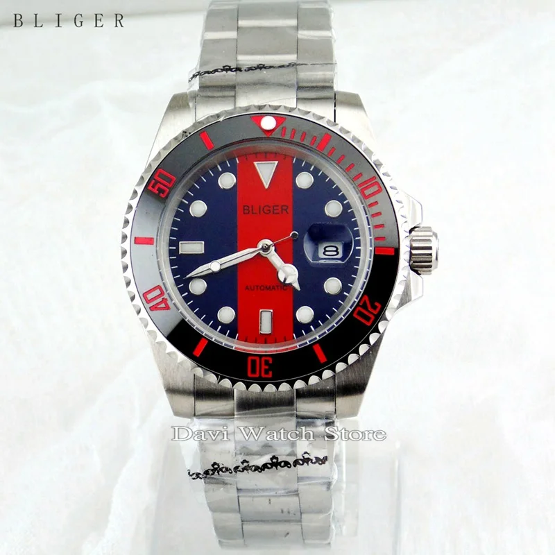 

Bliger 40mm sapphire crystal black&red dial stainless steel case strap automatic movement watch