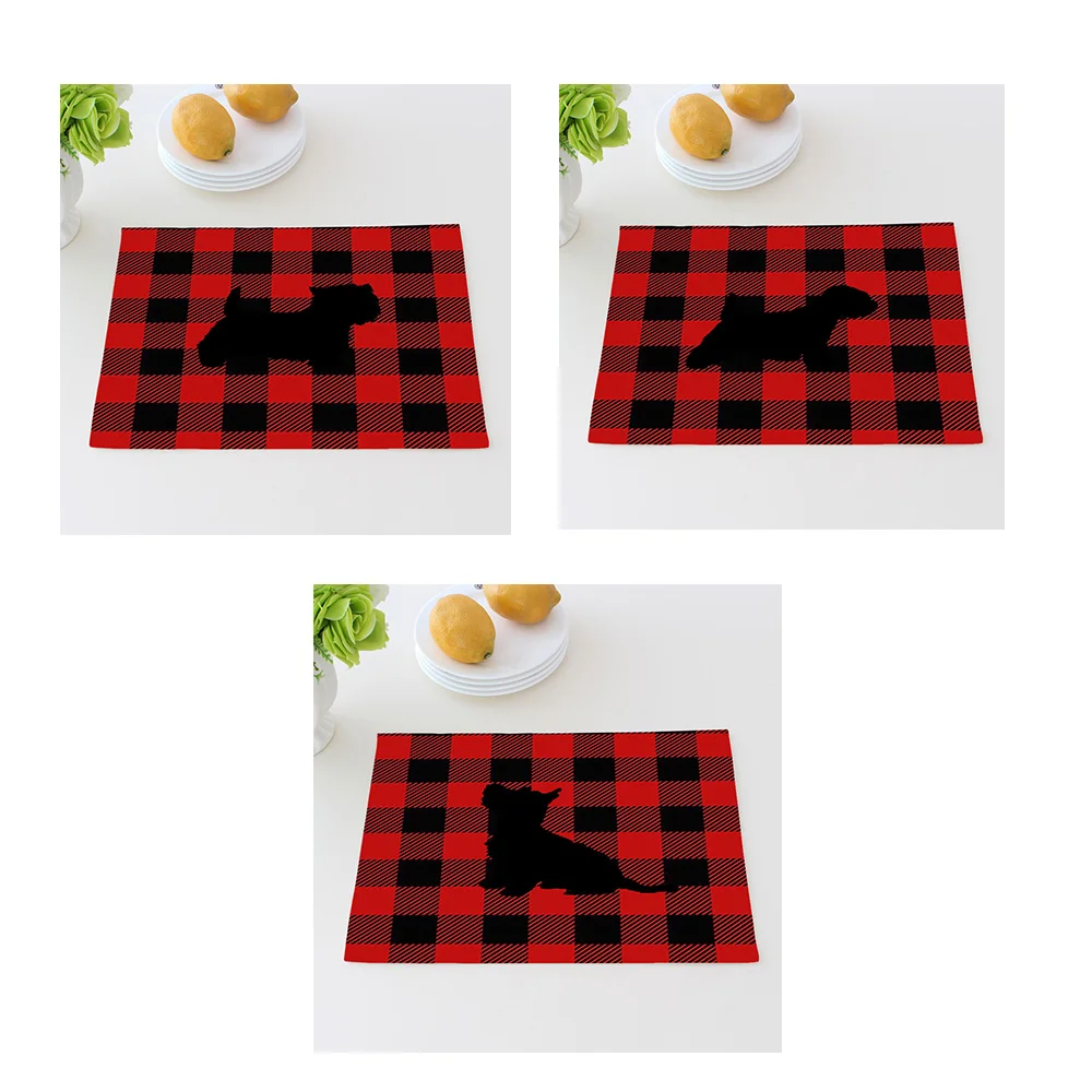 

2018 New Simple Westie Dog Silhouette Print Tableware Pad Fashionable Red Plaid Linen Coaster Casual Coffee Wine Mat for Party