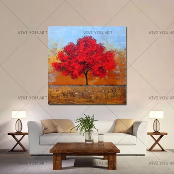 

100% Handmade Abstract Red Tree Wall Art Canvas Painting Modern Golden Point Pop Graffiti Art Paintings On The Wall Pictures
