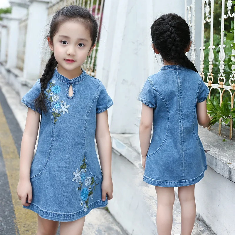 

Girls dress Girls Denim cheongsam Embroidery Chinese chipao Mandarin gown for girl Shortsleeve Summer dress Kids clothes