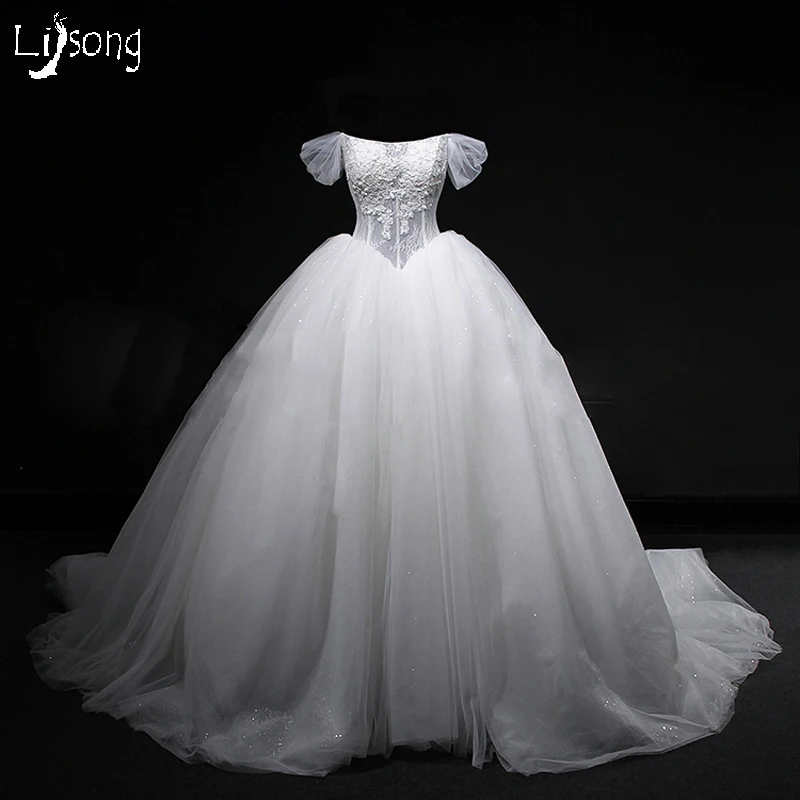 Romantic White Appliques Lace Tulle Wedding Ball Gowns Princess