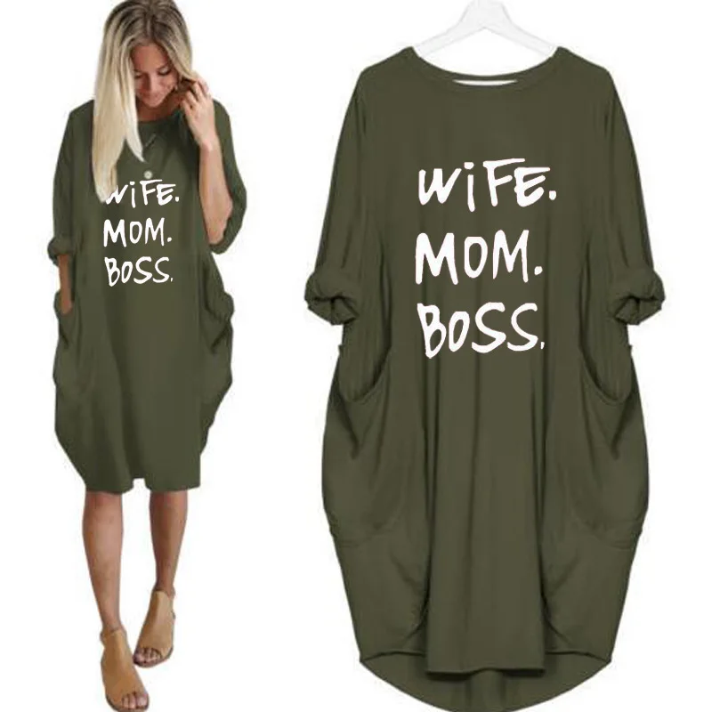 

Vintage Plus size Women Dress Fashion Letter Printing Loose Midi Dress Autumn Long Sleeve Pockets Streetwear Womens Clothing 5XL