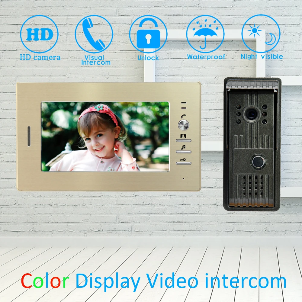 

(1 Set) Golden Color 7 inch Video Door Phone Home improvement Device Aluminium surface Visitor Device Wire Doorbell HD camera