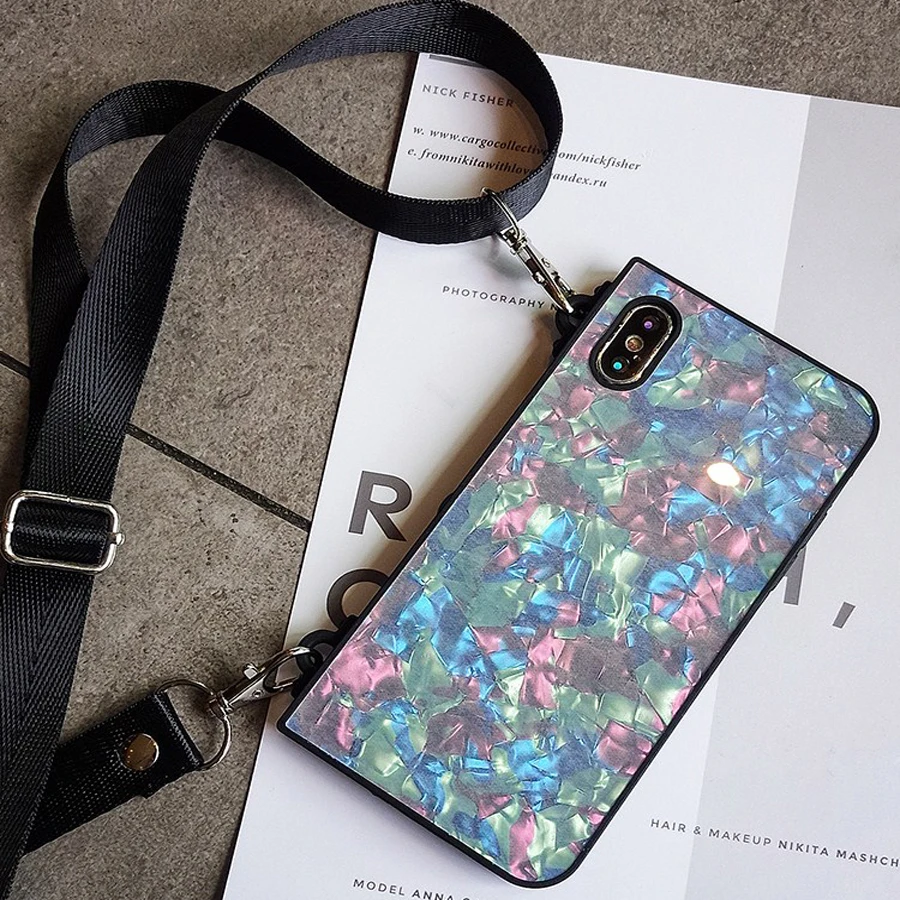 

For iphone XS max xr 8 7 plus 6 6s plus X case cover luxury glossy foil with shoulder strap soft silicon protective phone bag