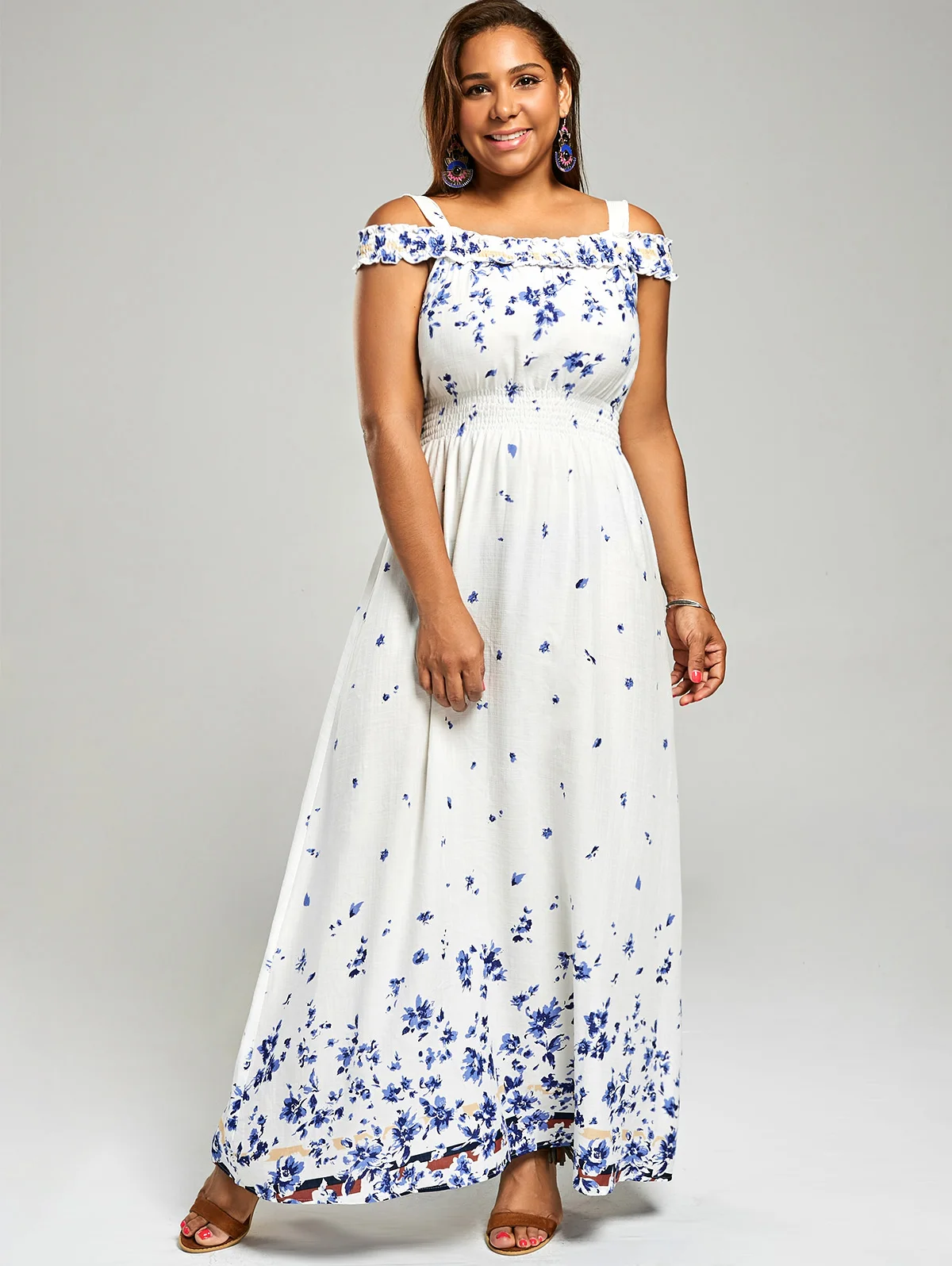 Женское богемное летнее платье размера плюс 5XL с цветочным принтом и открытыми плечами, длинное платье с завышенной талией и короткими рукавами Vestidos