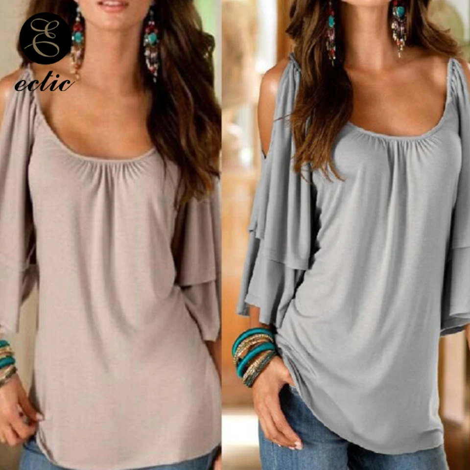 Ruffle Sleeve Top Double Layer Shirt Cold Shoulder Scoop Neck Pleated Milk Silk Slip Hipster T Women Solid Color Xxl|Футболки| |