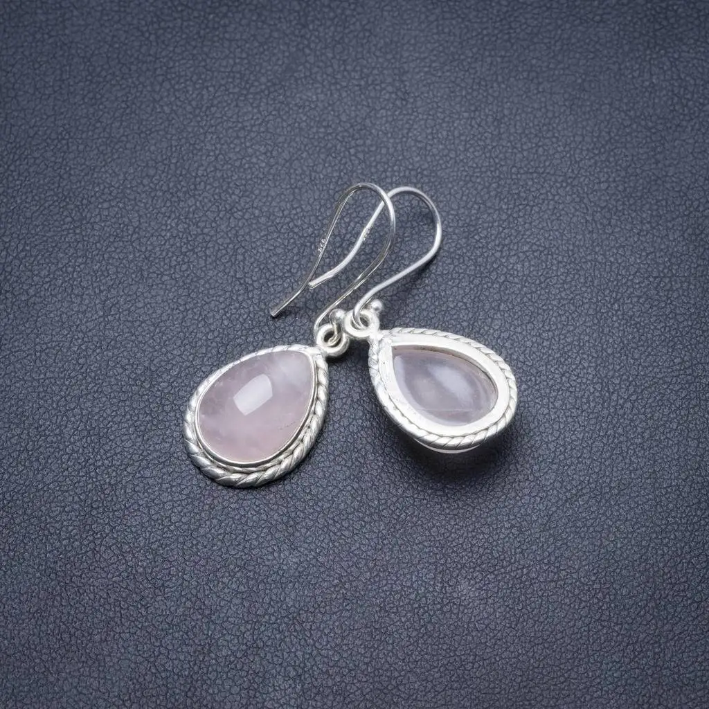 

Natural Rose Quartz Handmade Unique 925 Sterling Silver Earrings 1.5" Y3723