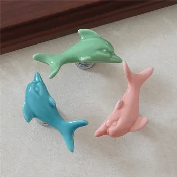 Colorful Dolphin Knobs Ceramic Drawer Knob Pulls Kids Dresser Handle Pull Kitchen Cabinet Door Knob Child Blue Green