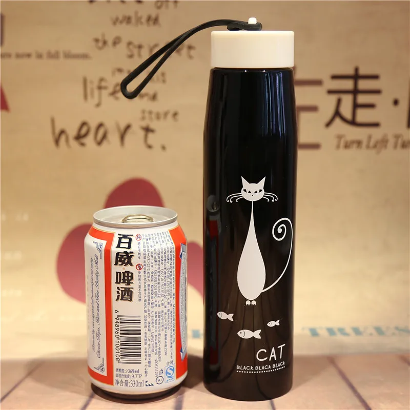 VILEAD кошка нержавеющая сталь термальная бутылка для воды Спорт на открытом воздухе портативный прямой Термос Термосы с веревкой подарок для влюбленных - Цвет: Black 1