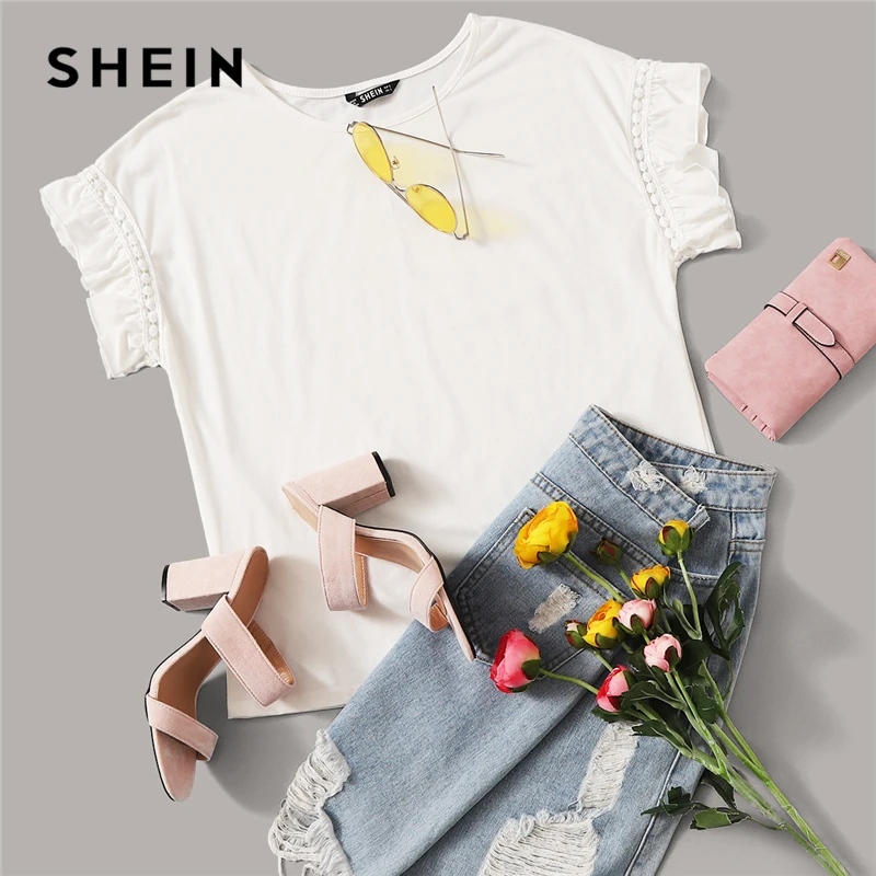 SHEIN белая футболка с кружевной отделкой и рюшами, женские топы, летняя повседневная Милая однотонная эластичная женская футболка с коротким рукавом