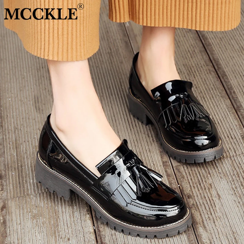 MCCKLE/Женские повседневные туфли-оксфорды размера плюс на платформе с квадратным каблуком; слипоны с кисточками; женская обувь на низком каблуке для девочек; сезон осень