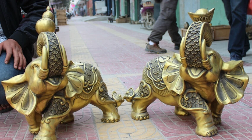 

JP S0608 20" Folk Chinese Bronze Animals Gourd YuanBao Auspicious Fu Elephant Statue Pair (B0413)